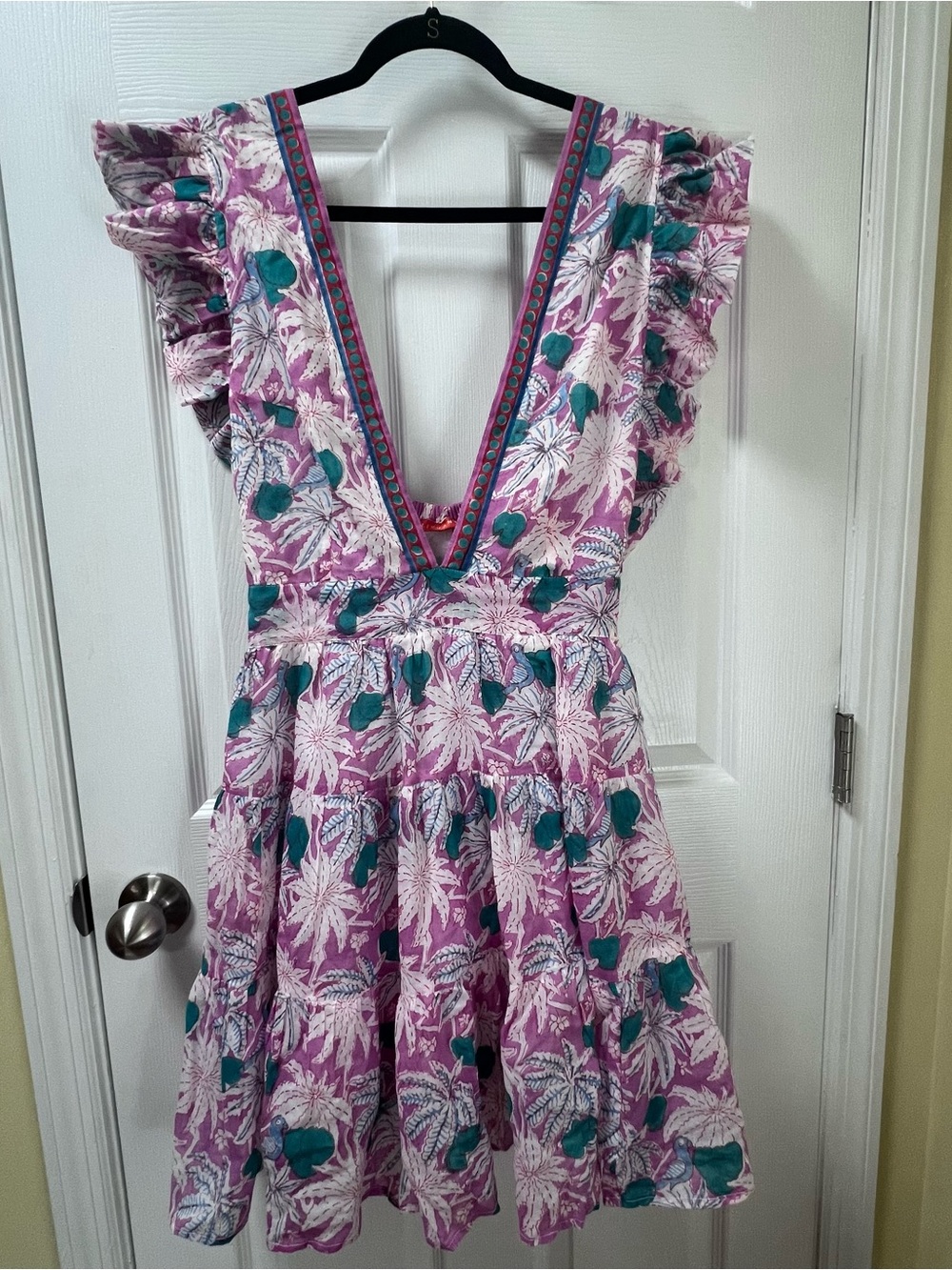 Oliphant Floral Deep V Neck Flutter Sleeve Strap Dress Pink Preppy Beach Size L